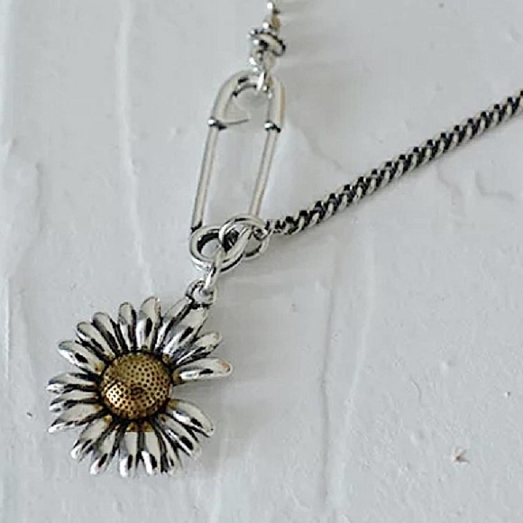 Sunflower Sterling Silver Chain Safety Pin Charm Necklace - Picture 2 of 7